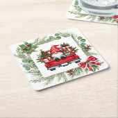 Whimsical Gnome in rode vrachtwagen met kerstkrans Kartonnen Onderzetters (Schuin)