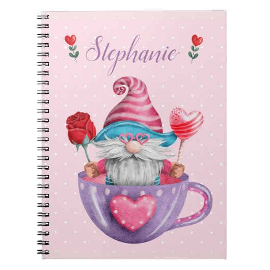 Whimsical Gnome in Tea Cup Hearts & Flowers Notitieboek (Voorkant)