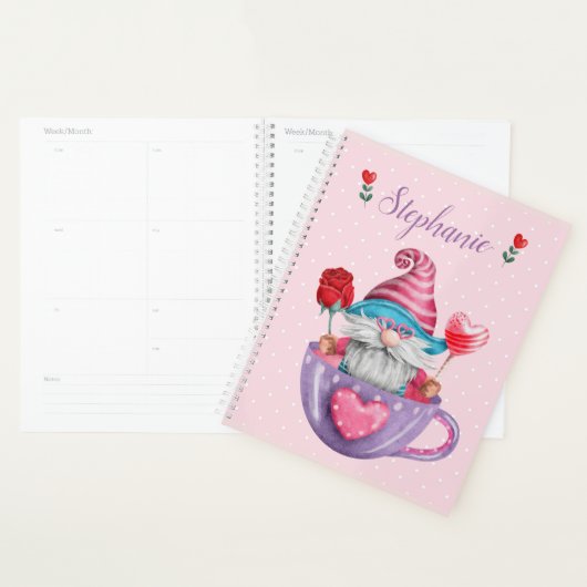 Whimsical Gnome in Tea Cup Hearts & Flowers Planner (Display)