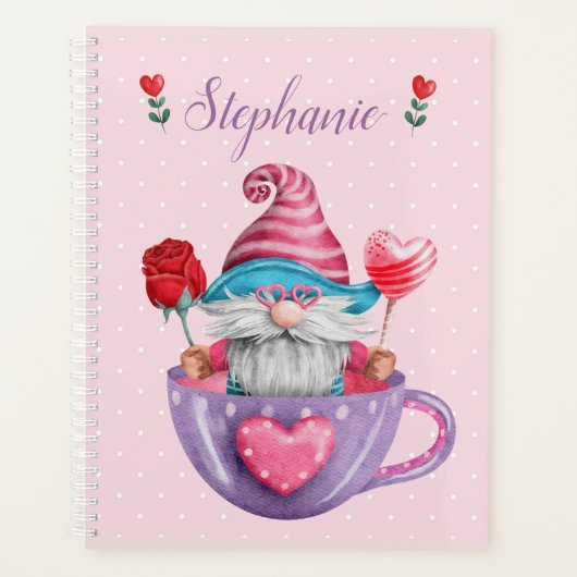 Whimsical Gnome in Tea Cup Hearts & Flowers Planner (Voorkant)