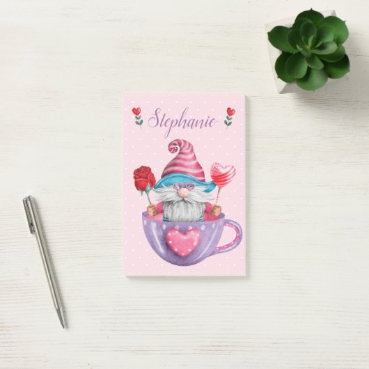 Whimsical Gnome in Tea Cup Hearts & Flowers Post-it® Notes (Kantoor)