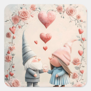 Whimsical Gnome Love: Schattige Valentijnsdag kuns Vierkante Sticker