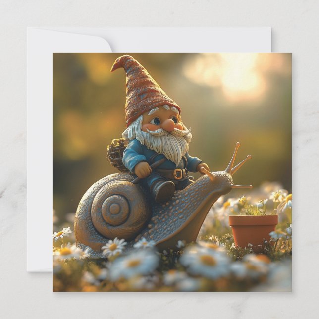 Whimsical Gnome op Snail Ride Magical Garden Scene (Voorkant)