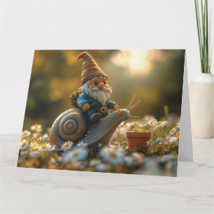 Whimsical Gnome op Snail Ride Magical Garden Scene Kaart