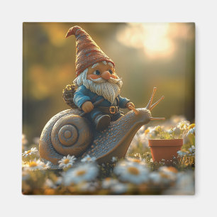 Whimsical Gnome op Snail Ride Magical Garden Scene Magneet
