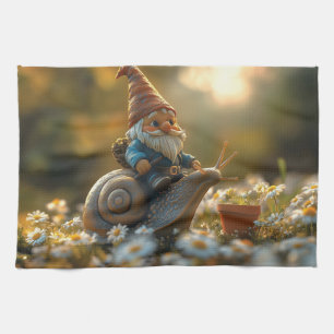 Whimsical Gnome op Snail Ride Magical Garden Scene Theedoek
