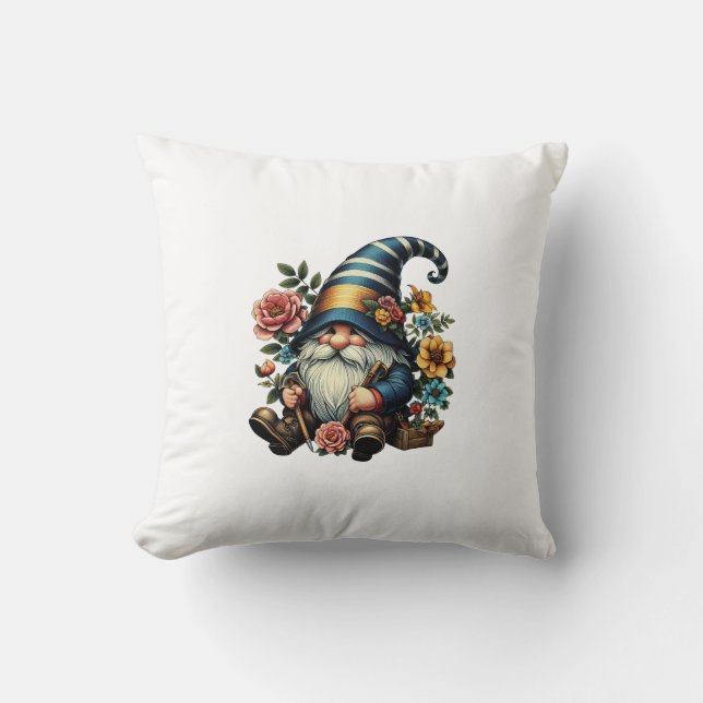 Whimsical Gnome with Flowers Kussen (Voorkant)