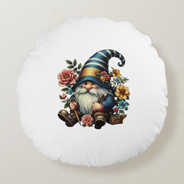 Whimsical Gnome with Flowers Rond Kussen (Voorkant)