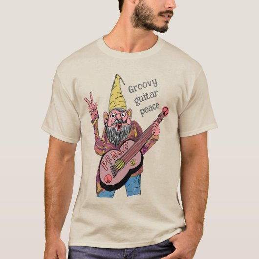 Whimsical Gnome with Peace Guitar, Groovy 60s Vibe T-shirt (Voorkant)
