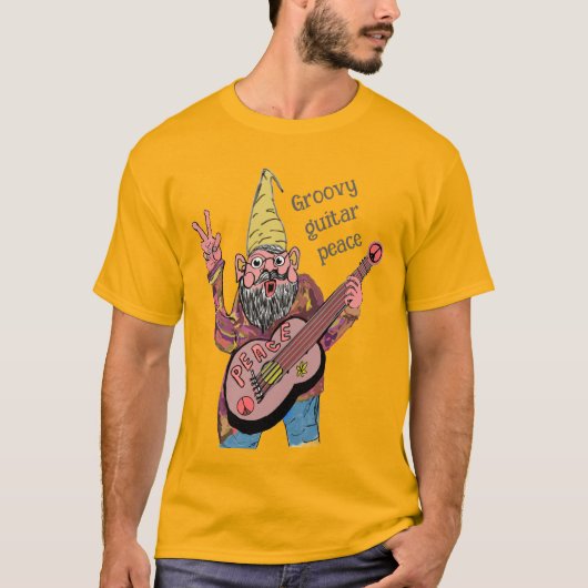Whimsical Gnome with Peace Guitar, Groovy 60s Vibe T-shirt (Voorkant)