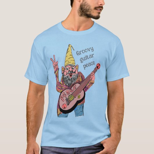 Whimsical Gnome with Peace Guitar, Groovy 60s Vibe T-shirt (Voorkant)