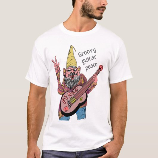 Whimsical Gnome with Peace Guitar, Groovy 60s Vibe T-shirt (Voorkant)