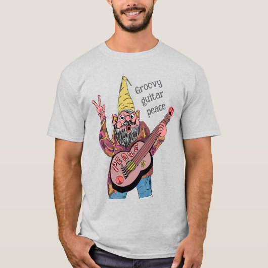 Whimsical Gnome with Peace Guitar, Groovy 60s Vibe T-shirt (Voorkant)