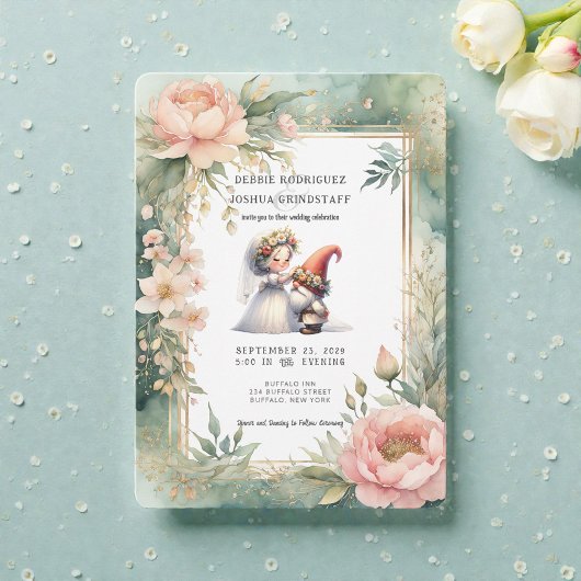 Whimsical Gnomes Fun Wedding Invitation  Kaart