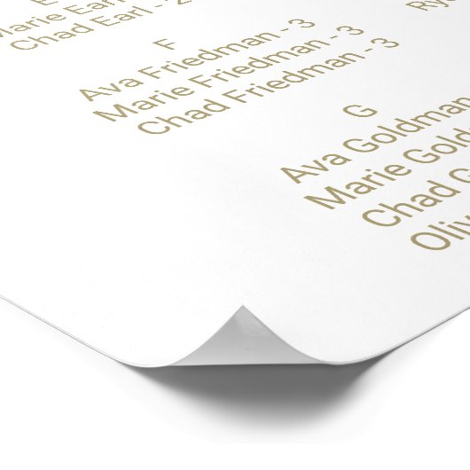 Whimsical Gold Alfabetical Wedding Seating Chart Poster (Hoek)