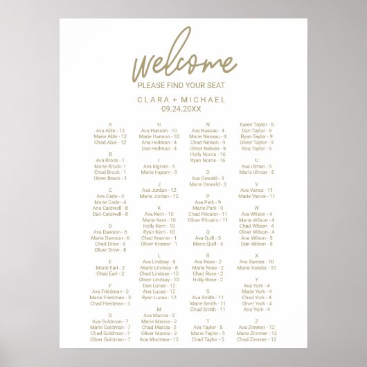 Whimsical Gold Alfabetical Wedding Seating Chart Poster (Voorkant)