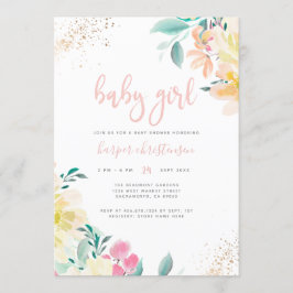 Whimsical Gold Blush Pink Floral Girl Baby shower Kaart
