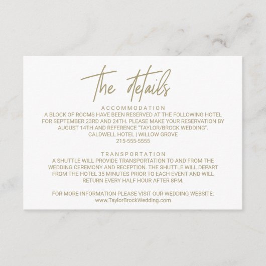 Whimsical Gold Calligraphy Wedding Details Kaart (Voorkant)