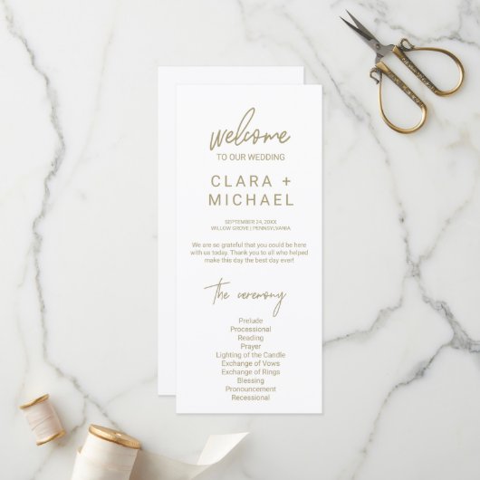 Whimsical Gold Calligraphy Wedding Programmakaart (Voorkant / Achterkant in situ)