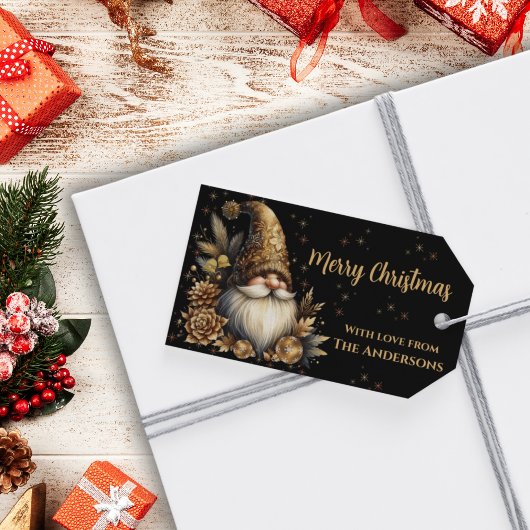 Whimsical Gold Christmas Gnome Cadeaulabel