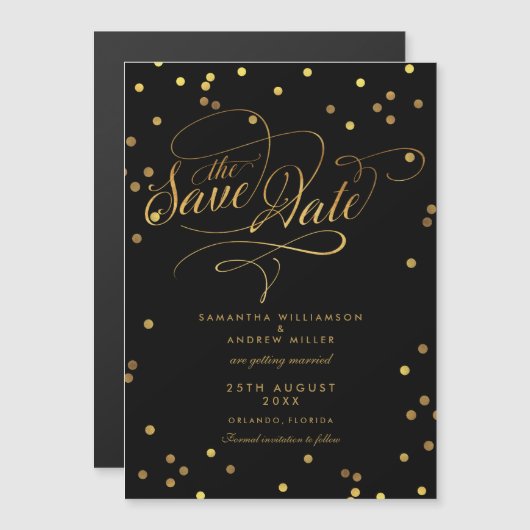 Whimsical Gold Confetti Wedding Save the Date Magnetische Uitnodiging (Voorkant / Achterkant)