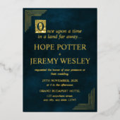 Whimsical Gold Emerald Storybook Fairy Tale Castle Folie Uitnodiging (Voorkant)