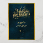 Whimsical Gold Emerald Storybook Fairy Tale Castle Folie Uitnodiging (Achterkant)