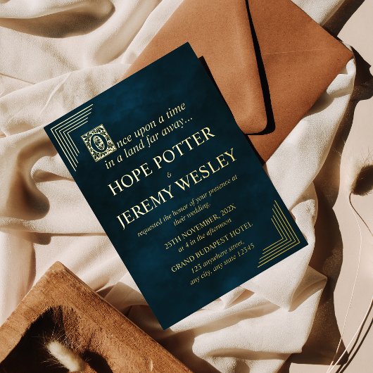 Whimsical Gold Emerald Storybook Fairy Tale Castle Folie Uitnodiging