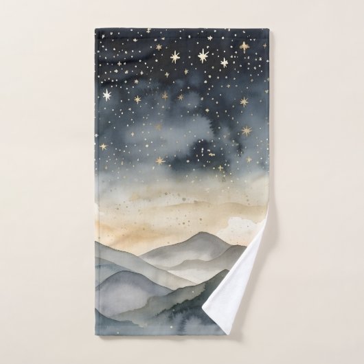 Whimsical Gold en Navy Mountains Sterrennacht Bad Handdoek (Handdoek)