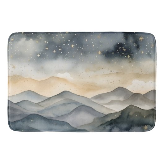 Whimsical Gold en Navy Mountains Sterrennacht Badmat (Voorkant)