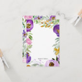 Whimsical Gold en Paarse Ultraviolet Floral Note Kaart (Voorkant / Achterkant in situ)