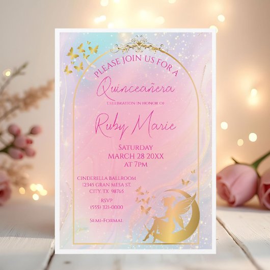 Whimsical Gold Fairy Pixie Invitation Kaart