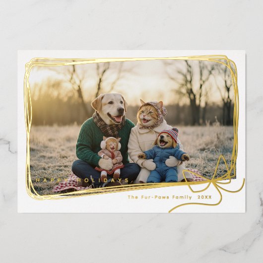 Whimsical Gold Foil Ribbon Frame Holiday Photo Folie Feestdagenkaart (Voorkant)