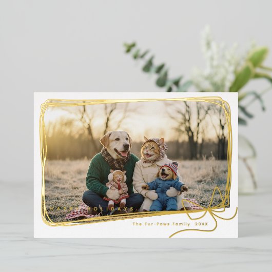 Whimsical Gold Foil Ribbon Frame Holiday Photo Folie Feestdagenkaart (Staand Voorkant)