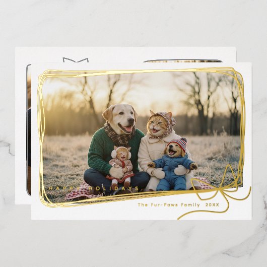 Whimsical Gold Foil Ribbon Frame Holiday Photo Folie Feestdagenkaart (Voorkant / Achterkant)