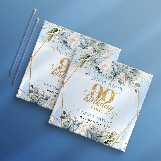 Whimsical Gold Frame Dusty Blue Flowers 90th Gastenboek