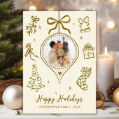 Whimsical Gold Hand Drawn Photo Christmas Happy Feestdagenkaart