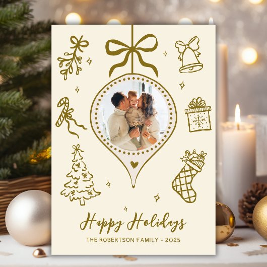 Whimsical Gold Hand Drawn Photo Christmas Happy Feestdagenkaart