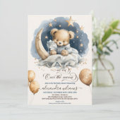 Whimsical Gold Over the Moon Teddybeer Baby Showe Kaart (Staand voorkant)