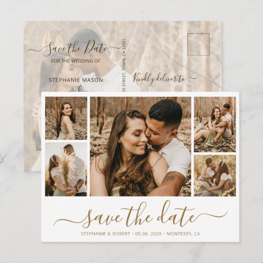 Whimsical Gold Script Fotocollage De datum opslaan Uitnodiging Briefkaart (Voorkant / Achterkant)