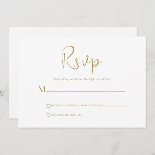 Whimsical Gold Script op witte RSVP-kaart Kaart (Voorkant / Achterkant)
