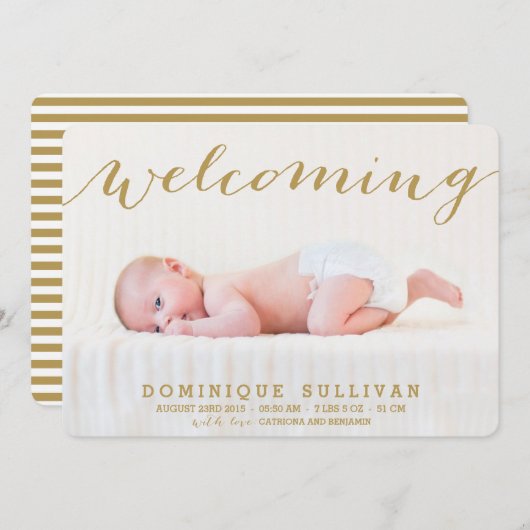 Whimsical Gold Script Photo Birth Notice Aankondiging (Voorkant / Achterkant)