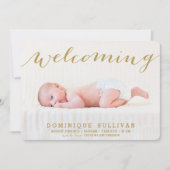 Whimsical Gold Script Photo Birth Notice Aankondiging (Voorkant)
