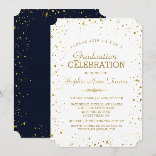 Whimsical Gold Sparkle Starry Sky Graduation Party Kaart (Voorkant / Achterkant)