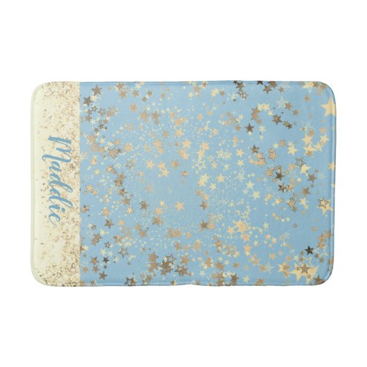 Whimsical Gold Stars op Blue Personalized Badmat (Voorkant)