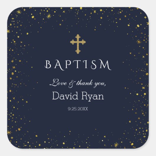 Whimsical Gold Sterrennacht Boy Baptisme Vierkante Sticker (Voorkant)