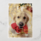 Whimsical Golden Ribbon Pet Foto Vrolijk Kerstfees Folie Feestdagenkaart (Voorkant)