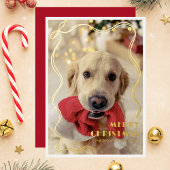 Whimsical Golden Ribbon Pet Foto Vrolijk Kerstfees Folie Feestdagenkaart