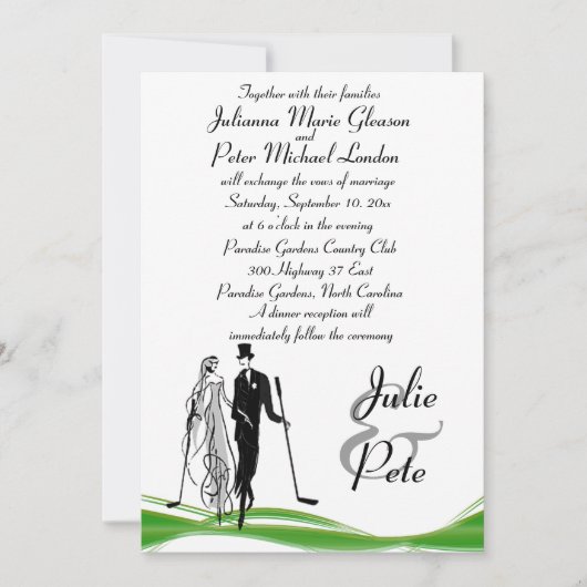 Whimsical Golfing Couple Wedding Invitations Kaart (Voorkant)
