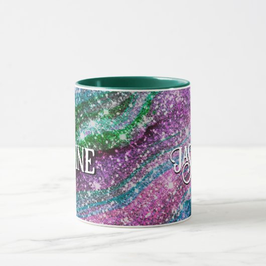Whimsical golvend groen roze Glitter monogram Mok (Midden)